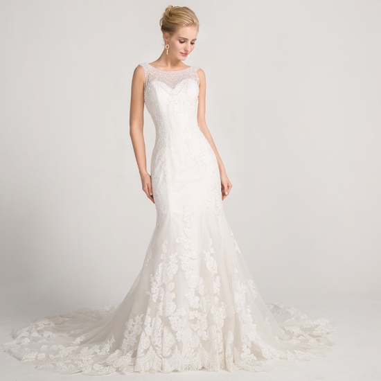 Mermaid Bateau Court Train Wedding Dress with Beading Appliques - Click Image to Close