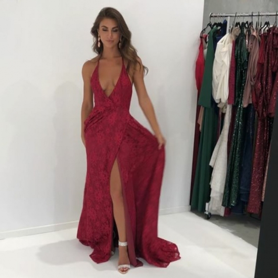 A-Line Spaghetti Straps Backless Floor-Length Dark Red Lace Prom Dress - Click Image to Close
