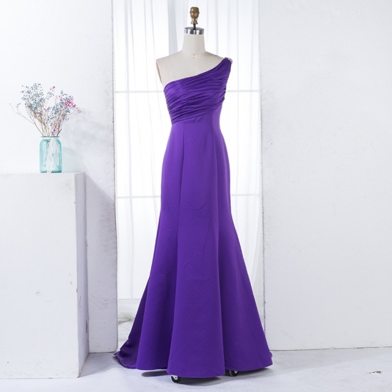 Mermaid One-Shoulder Purple Satin Bridesmaid Dress with Beading - Click Image to Close