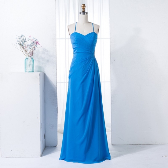 Sheath Spaghetti Straps Blue Chiffon Bridesmaid Dress with Beading - Click Image to Close