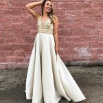 A-Line V-Neck Floor-Length Ivory Satin Prom Dress with Beading