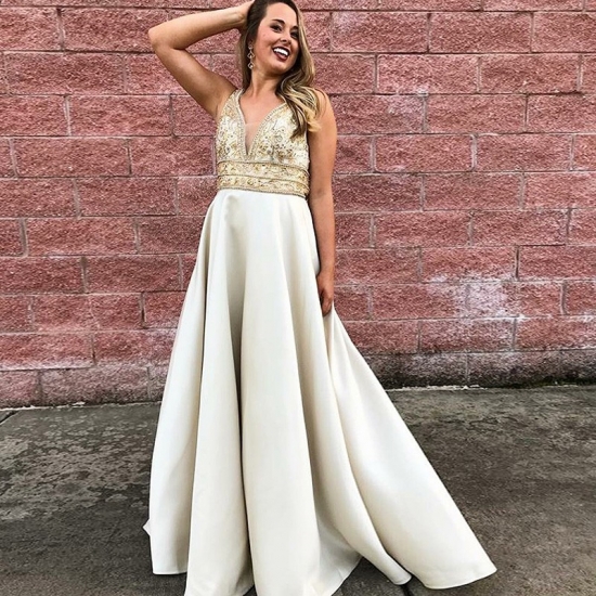 A-Line V-Neck Floor-Length Ivory Satin Prom Dress with Beading - Click Image to Close