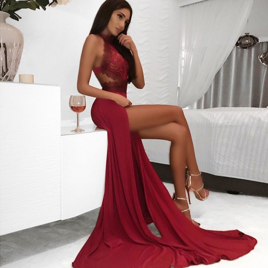 A-Line High Neck Floor-Length Dark Red Prom Dress with Lace Split - Click Image to Close