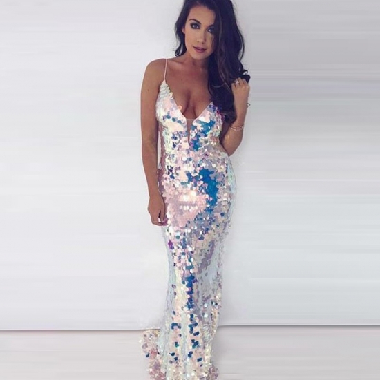 Mermaid Spaghetti Straps Backless Long Sequined Prom Dress - Click Image to Close