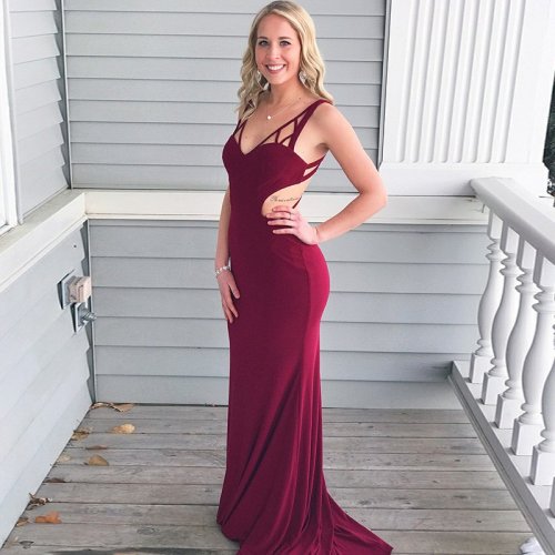 Mermaid V-Neck Open Back Sweep Train Burgundy Prom Dress