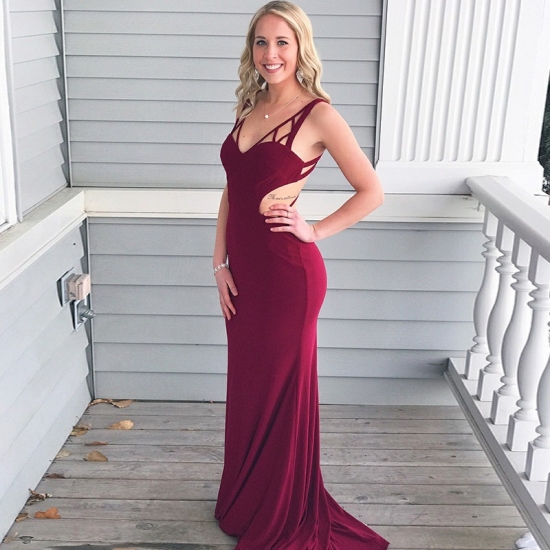 Mermaid V-Neck Open Back Sweep Train Burgundy Prom Dress - Click Image to Close