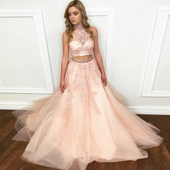 Two Piece High Neck Open Back Long Coral Prom Dress with Appliques - Click Image to Close