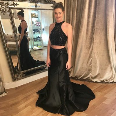 Two Piece Round Neck Sweep Train Black Prom Dress with Beading