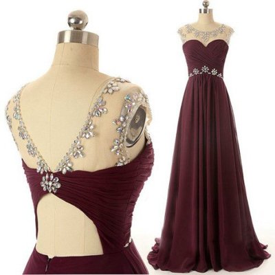 Glamorous A-Line Scoop Floor Length Chiffon Backless Burgundy Evening/Prom Dress With Beading