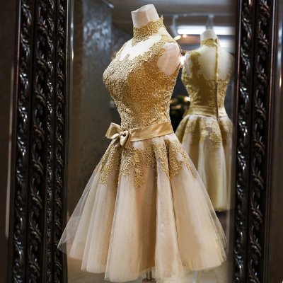 Chic A-Line High Neck Knee Length Tulle Gold Homecoming/Prom Dress With Appliques