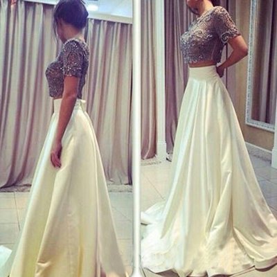 New A-Line Jewel Long Short Sleeves Satin White Prom Dress With Lace