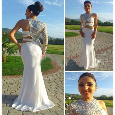 Hot Mermaid High Neck Floor Length Backless Chiffon White Prom Dress With Crystal