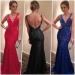 Floor Length Lace Backless Prom Dress -- Black Mermaid V-Neck