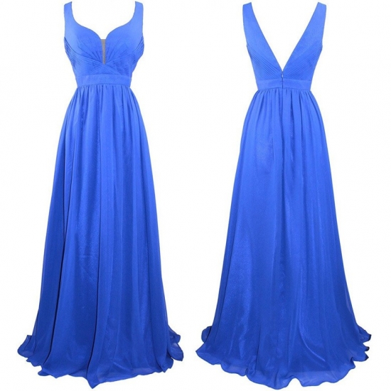 Long Empire Chiffon Prom Dress -- Royal Blue A-Line Straps - Click Image to Close