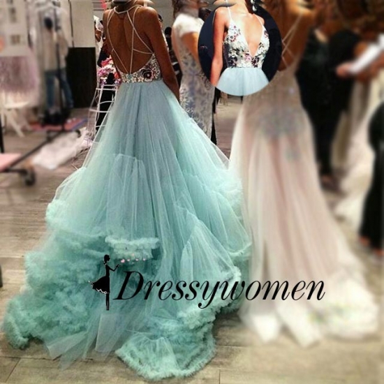 Long Tulle Prom Dress with Rhinestone - Mint Green Ball Gown Deep V-Neck - Click Image to Close