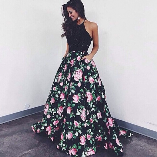 A-Line Halter Long Black Floral Satin Prom Dress with Beading - Click Image to Close