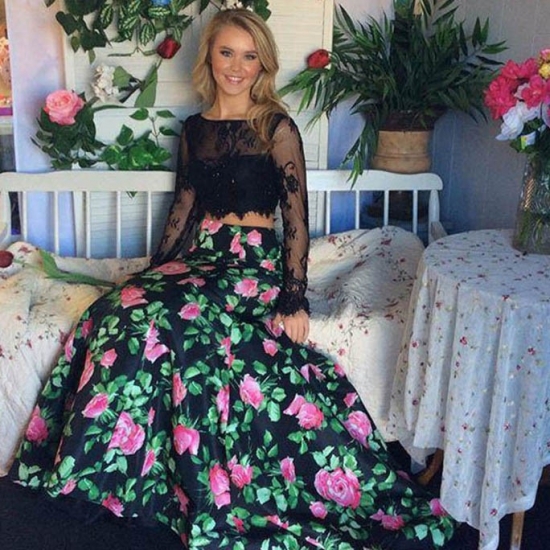 Two Piece Mermaid Backless Long Sleeves Black Floral Prom Dress with Lace - Click Image to Close