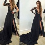 A-Line Long Sleeves Black Chiffon Prom Dress with Appliques Split