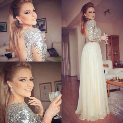 High Quality Long Prom/Evening Dress - Silver Sequins A-Line Backless with Long Sleeves