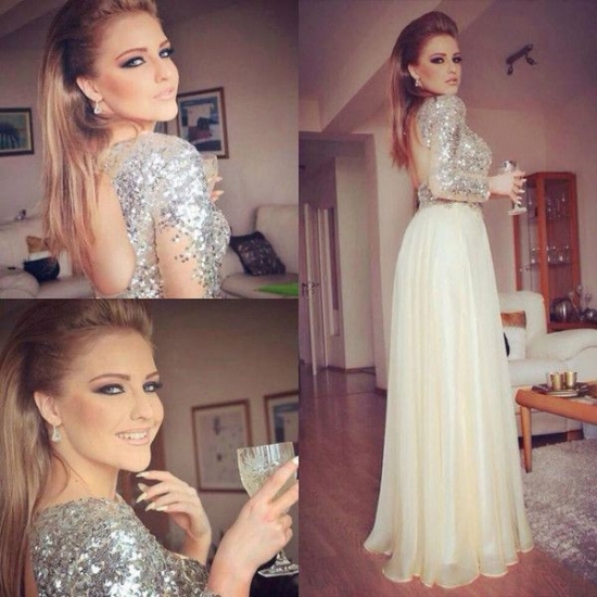 High Quality Long Prom/Evening Dress - Silver Sequins A-Line Backless with Long Sleeves - Click Image to Close