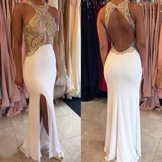 Sexy Halter Gold Appliques White Chiffon Prom Party Dress with Split Side - Click Image to Close