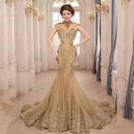 Gorgeous High Neck Appliques Backless Gold Mermaid Evening Gown/Mother of the Bride Dress