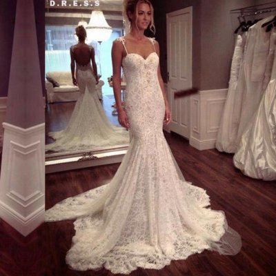 Elegant Spaghetti Straps Lace Sweep Train Mermaid Wedding Dress