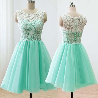 Modern Scoop A-line Short Mint Bridesmaid Dress With Lace