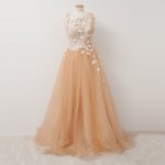 A-Line Round Neck Peach Tulle Prom Dress with Lace Appliques