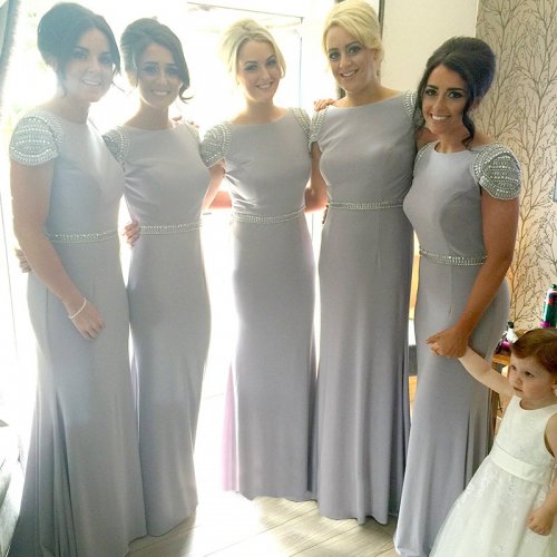 Mermaid Bateau Cap Sleeves Open Back Grey Bridesmaid Dress with Beading