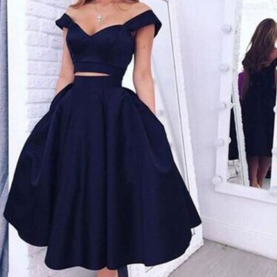 Elegant Off-the-shoulder Two-piece Tea-Length Navy Homecoming Dress