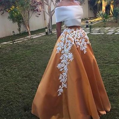 Two Piece Sabrina Neck Short Sleeves Camel Prom Dress with Appliques