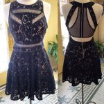 Special Jewel Sleeveless Navy Blue Short Lace Homecoming Dress Illusion Back