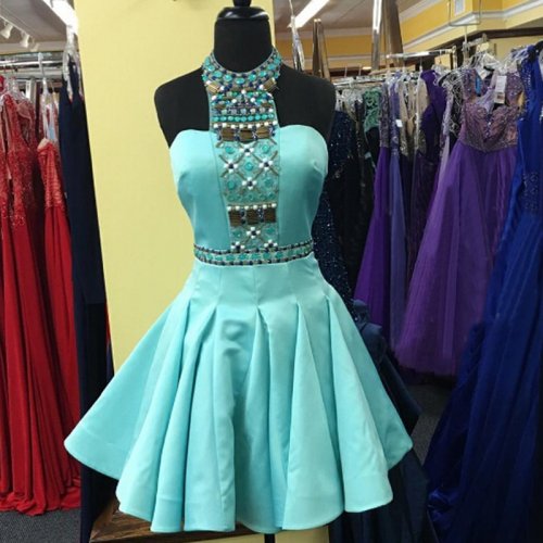 Partiular High Neck Sleeveless Short Mint Homecoming Dress with Beading Crystal