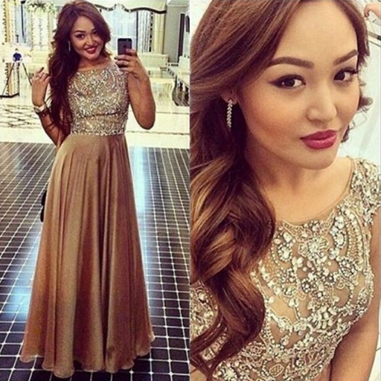 High Quality Bateau Cap Sleeves Long Brown Prom Dress with Beading Rhinestones - Click Image to Close