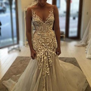 Glamorous V-neck Sleeveless Court Train Wedding Dress with Appliques