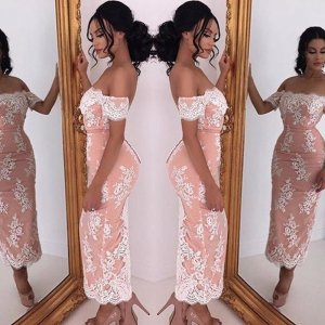 Glamorous Off Shoulder Tea-Length Pink Sheath Lace Homecoming Dress Open Back