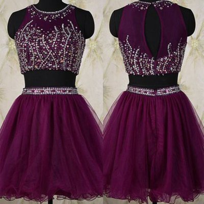 Two Piece Short Beading Grape Homecoming Dress with Jewel Neck Key Hole Back