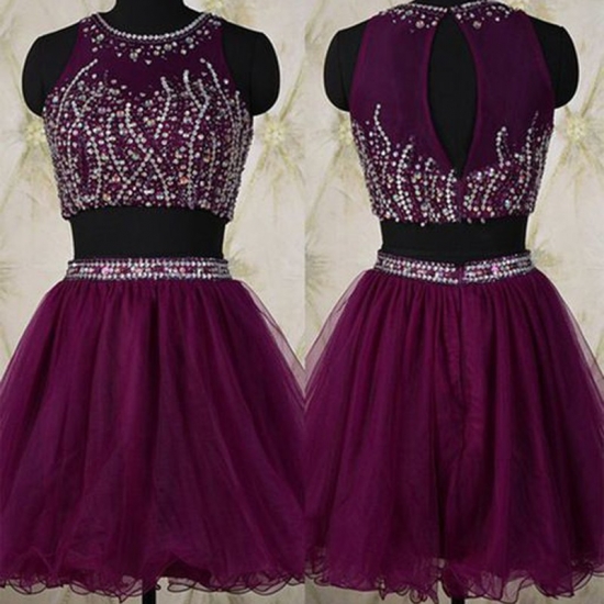 Two Piece Short Beading Grape Homecoming Dress with Jewel Neck Key Hole Back - Click Image to Close