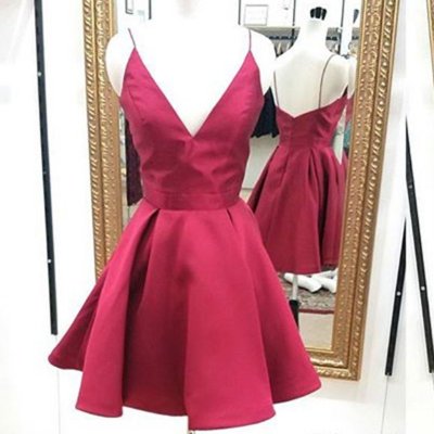 V-neck Sleeveless Open Back Short Dusty Rose Homecoming Dress with Spaghetti Straps Ruched