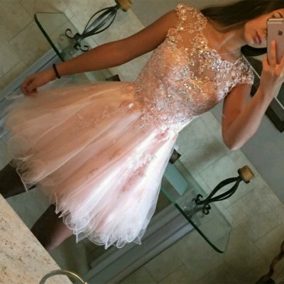 Homecoming Dress-Scoop Neck Short Pink with Appliques Beading