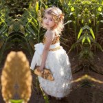 Cute Flower Girl Dress - Square Neck Sleeveless Hi-Low Organza with Sash Gold Sequined Top