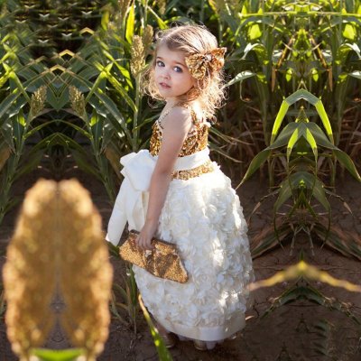 Cute Flower Girl Dress - Square Neck Sleeveless Hi-Low Organza with Sash Gold Sequined Top