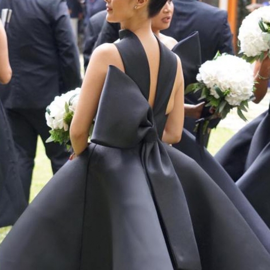 Sweet Black A-Line High Neck Ankle-Length Bowknot Bridesmaid Dress - Click Image to Close