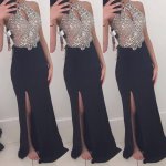 Elegant Black Mermaid Halter Sleeveless Beading Long Prom Dress with Split Front