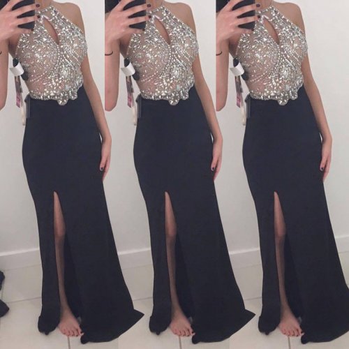 Elegant Black Mermaid Halter Sleeveless Beading Long Prom Dress with Split Front