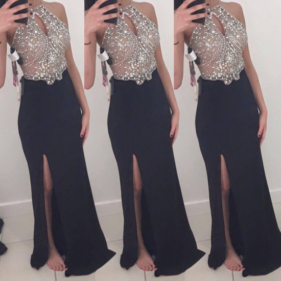 Elegant Black Mermaid Halter Sleeveless Beading Long Prom Dress with Split Front - Click Image to Close