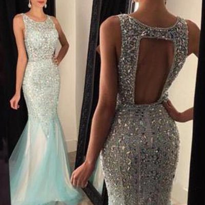 Luxurious Jewel Sleeveless Beading Sequins Open Back Sweep Train Prom Dress