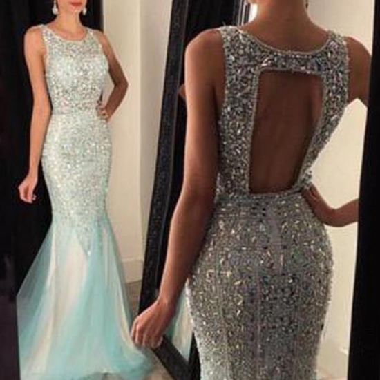 Luxurious Jewel Sleeveless Beading Sequins Open Back Sweep Train Prom Dress - Click Image to Close