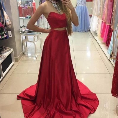 Fabulous Two Piece Red Prom Dress - Halter Sleeveless Sweep Train with Beading
